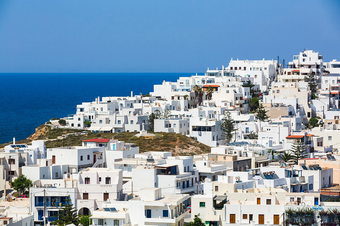 Grota Town with the traditional white houses and a view of the Aegean Sea; Grota, Naxos Island, Cyclades, Greece