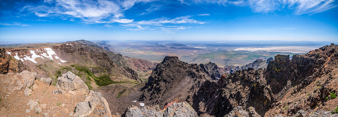 The jagged cliffs on the East side of the Steens Mountain Summit above the Alvord Desert in Southeastern Oregon; Frenchglen, Oregon, United States of America