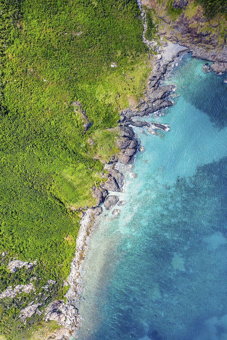 Drone view of Ninh Van along the coastline; Ninh Van, Khanh Hoa Province, Vietnam