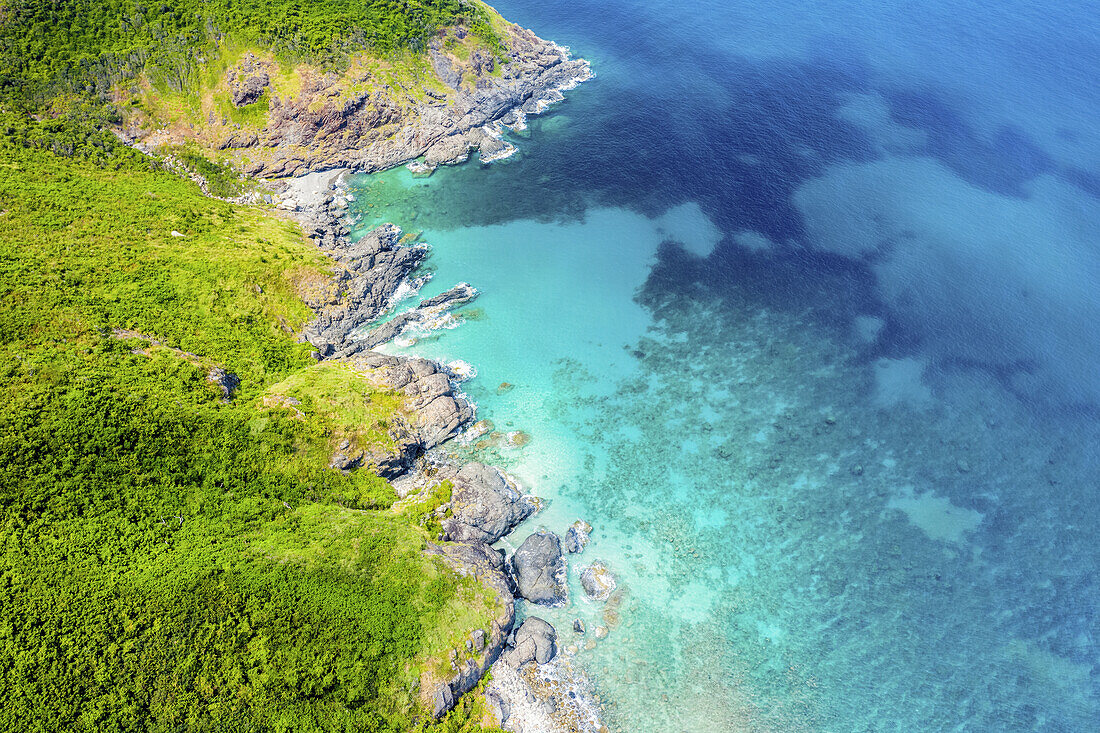 Drone view of Ninh Van along the coastline; Ninh Van, Khanh Hoa Province, Vietnam