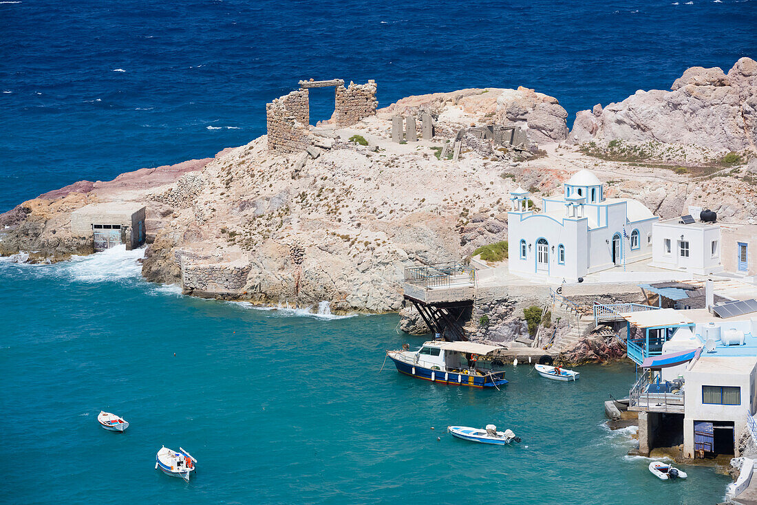 Fyropotamos Village with boats in the small harbour; Fyropatamos, Milos Island, Cyclades, Greece