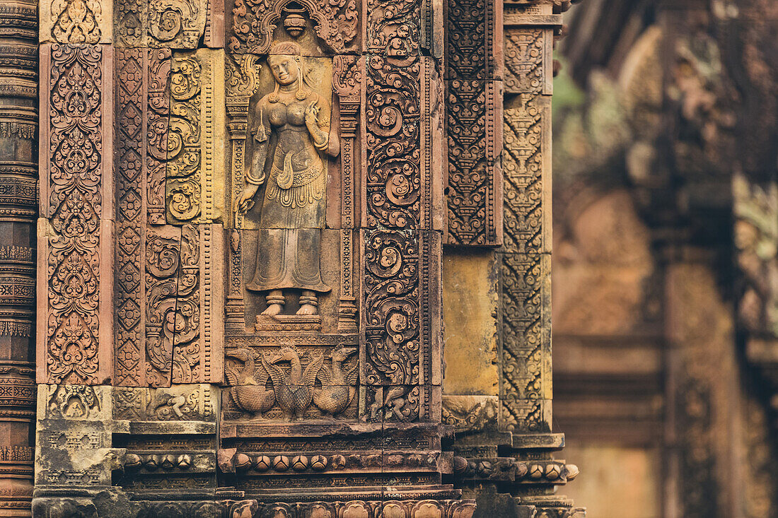 Detail of the carved facade at Banteay Srei Temple, Angkor Wat complex; Siem Reap, Cambodia