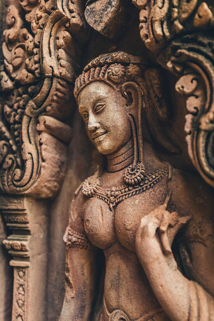 Detail of the carved facade at Banteay Srei Temple, Angkor Wat complex; Siem Reap, Cambodia