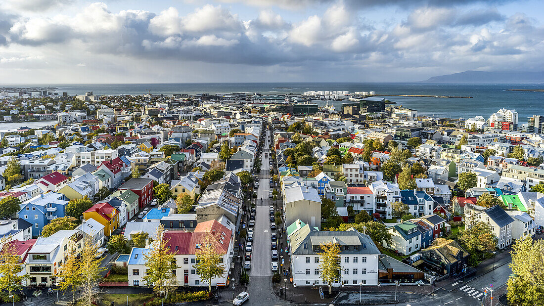 View of the town of Reykjavik from the tower in the Hallgrimskirkja Church; Reykjavik, Iceland