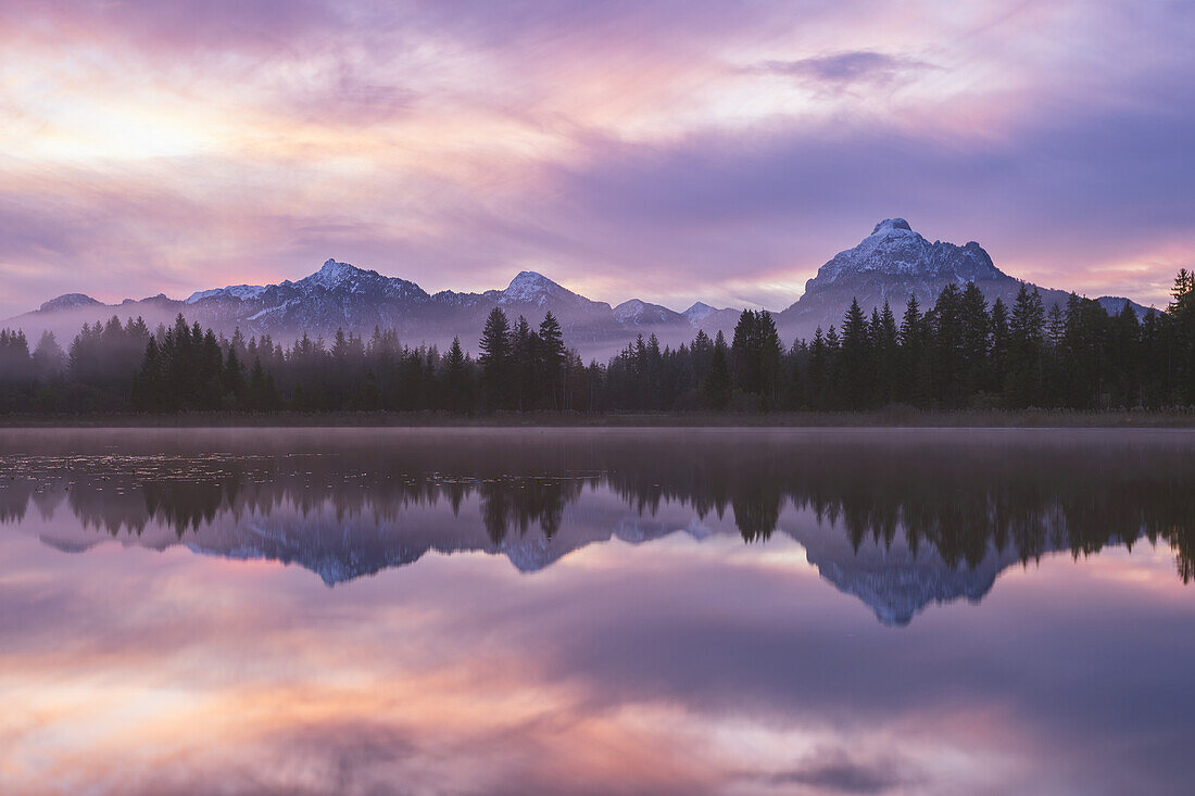 Mirrored reflections of bavarian alpine mountains in Hopfensee lake at dawn in winter; Swabia, Bavaria, Germany