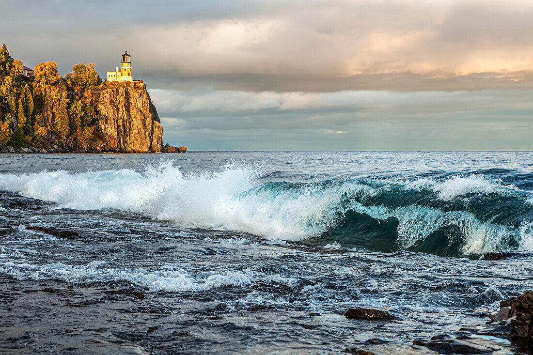 Split Rock Lighthouse with large waves on Lake Superior; Minnesota, United States of America
