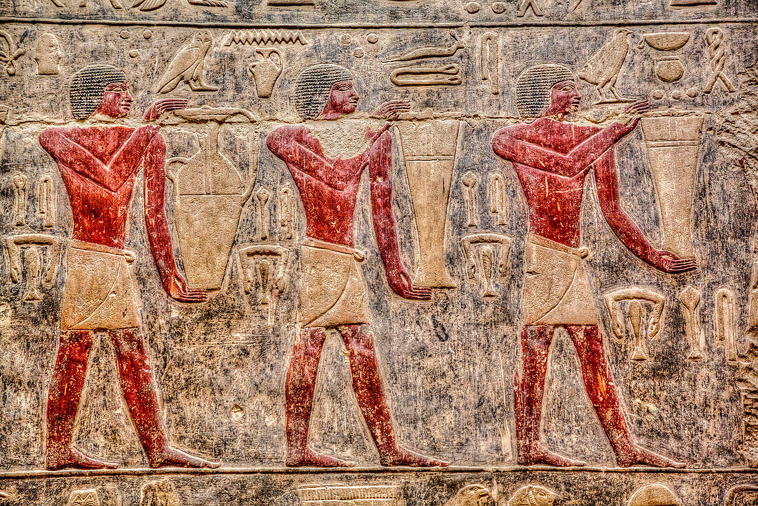 Reliefs, Mastaba von Kagemni, Nekropole von Saqqara, UNESCO-Welterbestätte; Saqqara, Ägypten.