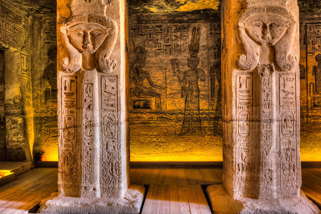 Square pillars, Goddess Hathor head, Temple of Hathor and Nefetari, Abu Simbel temples, UNESCO World Heritage Site; Abu Simbel, Egypt