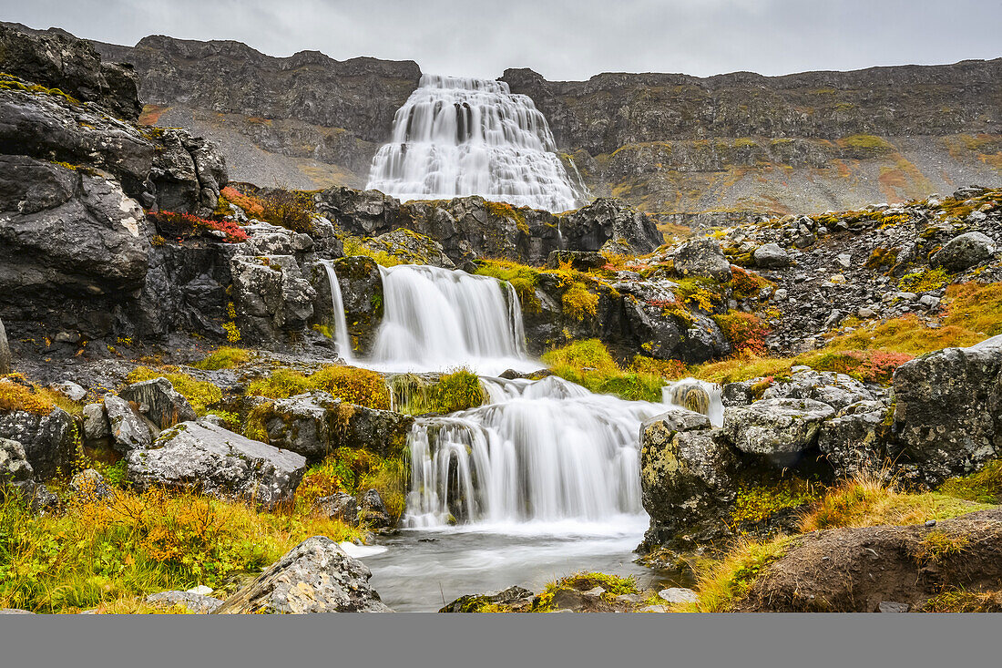 Dynjandi (also known as Fjallfoss) is a series of waterfalls located in the Westfjords, Iceland. The waterfalls have a total height of 100 metres; Isafjaroarbaer, Westfjords, Iceland