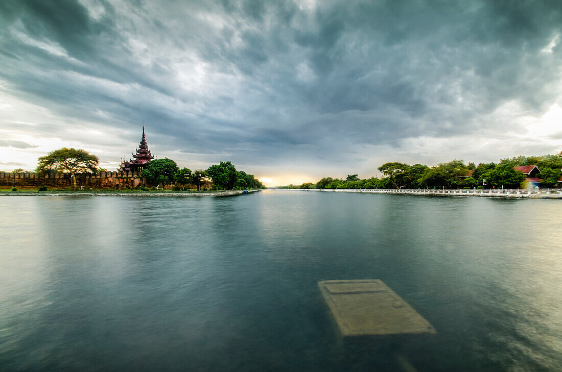 Long exposure of a moat and fort in the distance; Mandalay, Mandalay, Burma
