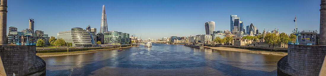View of London and Thames river from the Tower Bridge; London, England, UK
