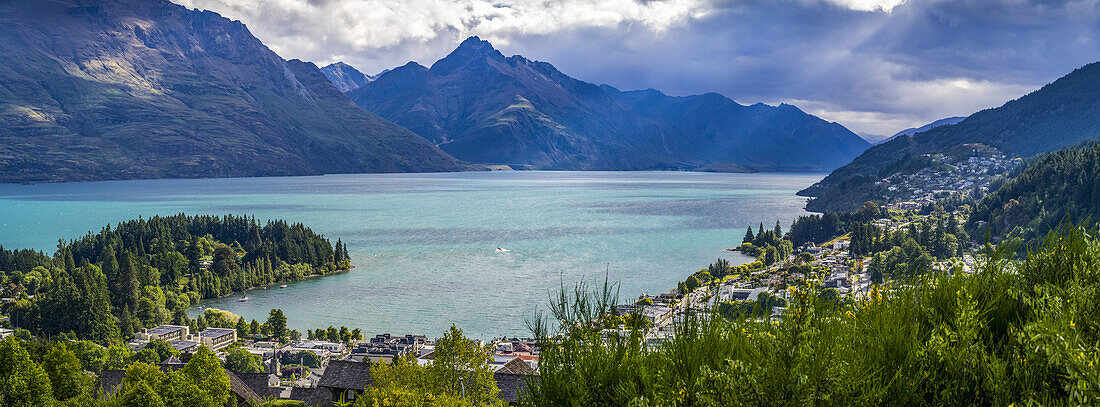 The Queenstown Hill Time Walk offers spectacular views and insights into the past, present and future of Queenstown and the area around Lake Wakatipu; Queenstown, Otago Region, South Island, New Zealand