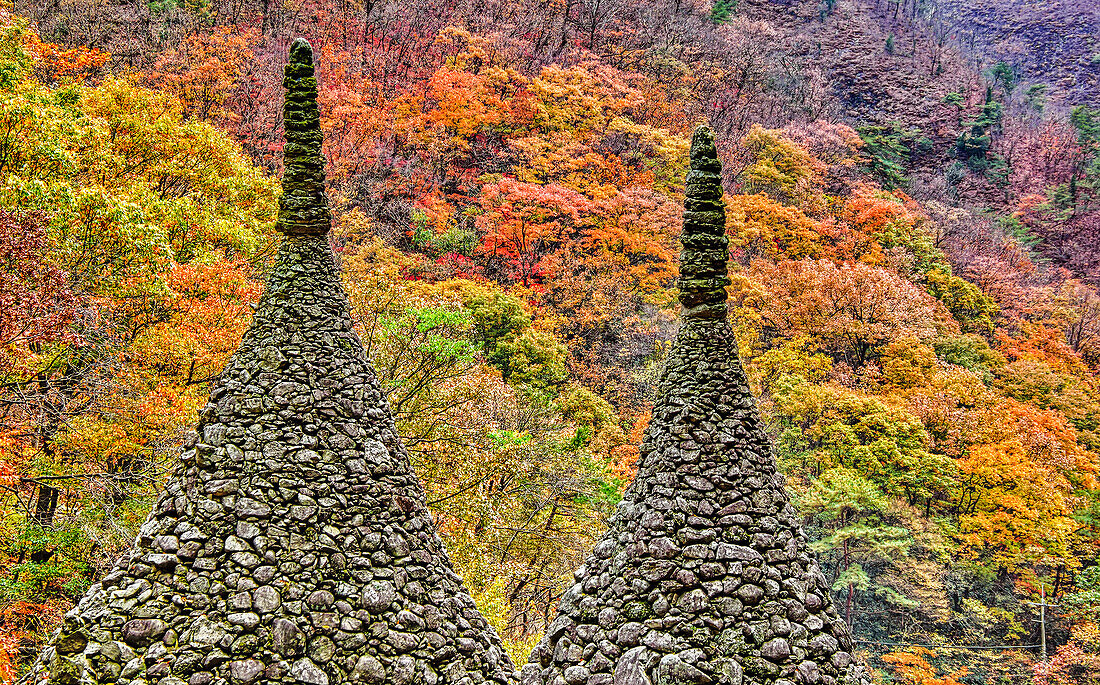 Stone pagodas at the Tapsa Temple in Mainsan Provincial Park in autumn; Jeolla, Republic of Korea