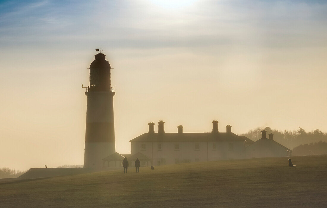 Souter Point Lighthouse on a hazy, sunny day in Marsden; South Shields, Tyne and Wear, England, United Kingdom