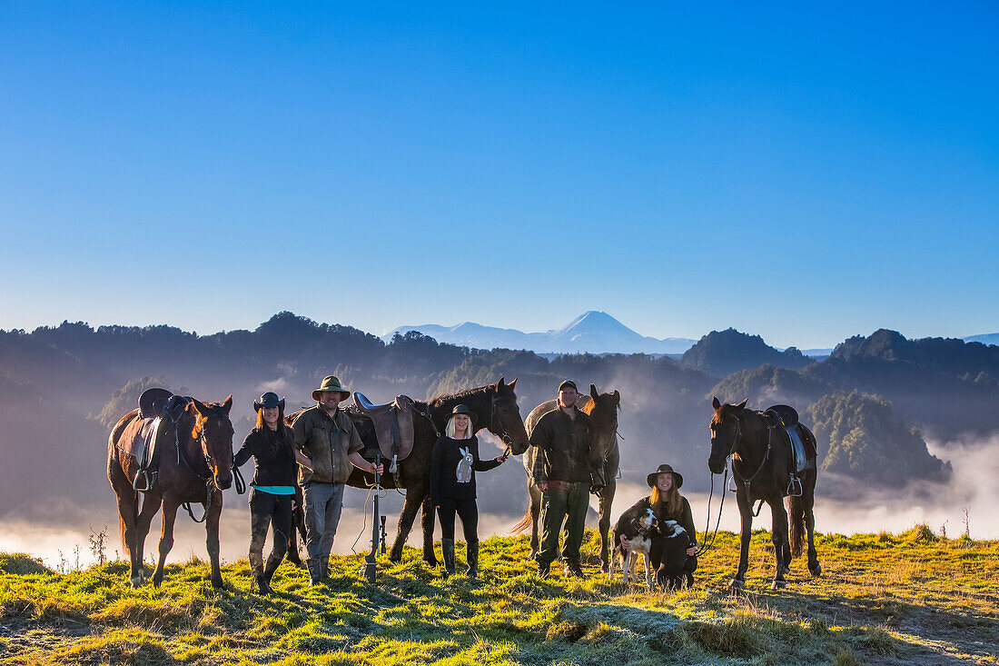 Die Blue Duck Lodge im Whanganui National Park ist eine Rinderfarm mit Schwerpunkt auf dem Naturschutz. Reisende reiten zu einem malerischen Aussichtspunkt, um den Sonnenaufgang über dem Regenwald zu beobachten; Retaruke, Manawatu-Wanganui, Neuseeland