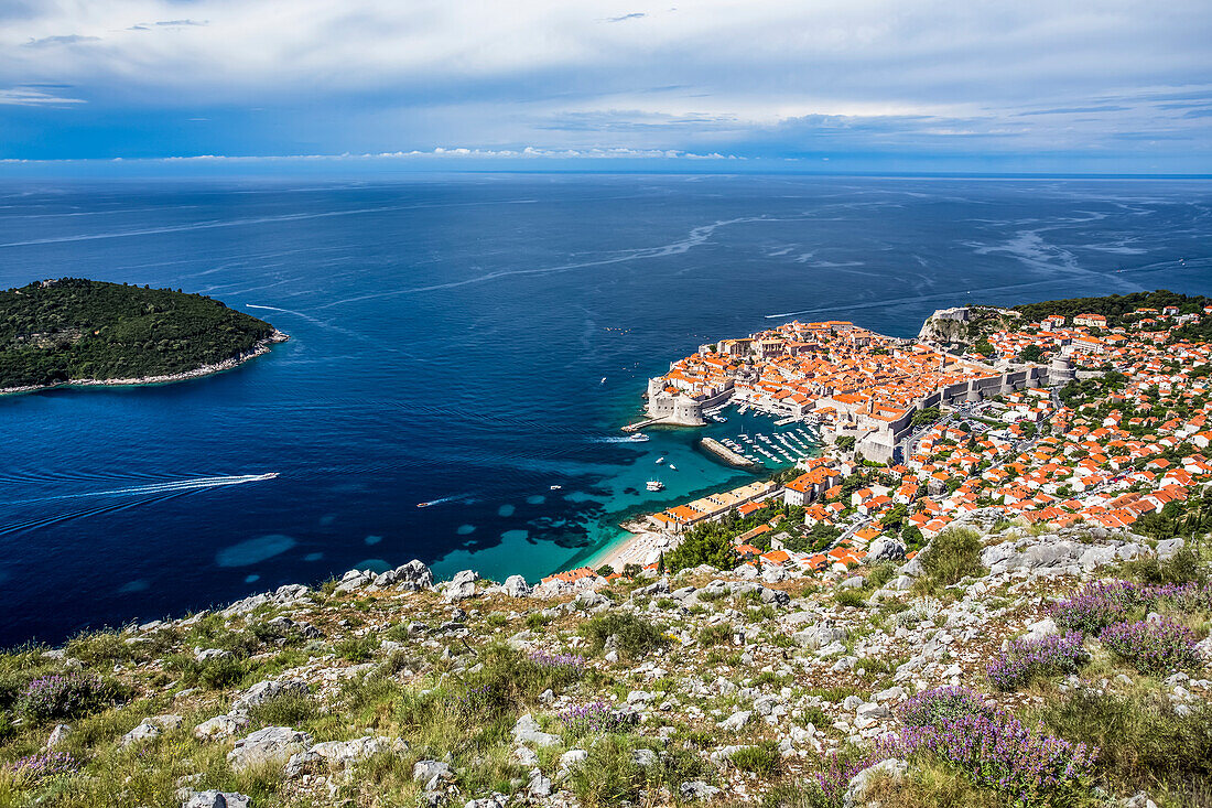 Hilltop overview of the coastal city of Dubrovnik and the Adriatic Sea; Dubrovnik, Dubrovnik-Neretva County (Dubrova?ko-neretvanska županija), Croatia