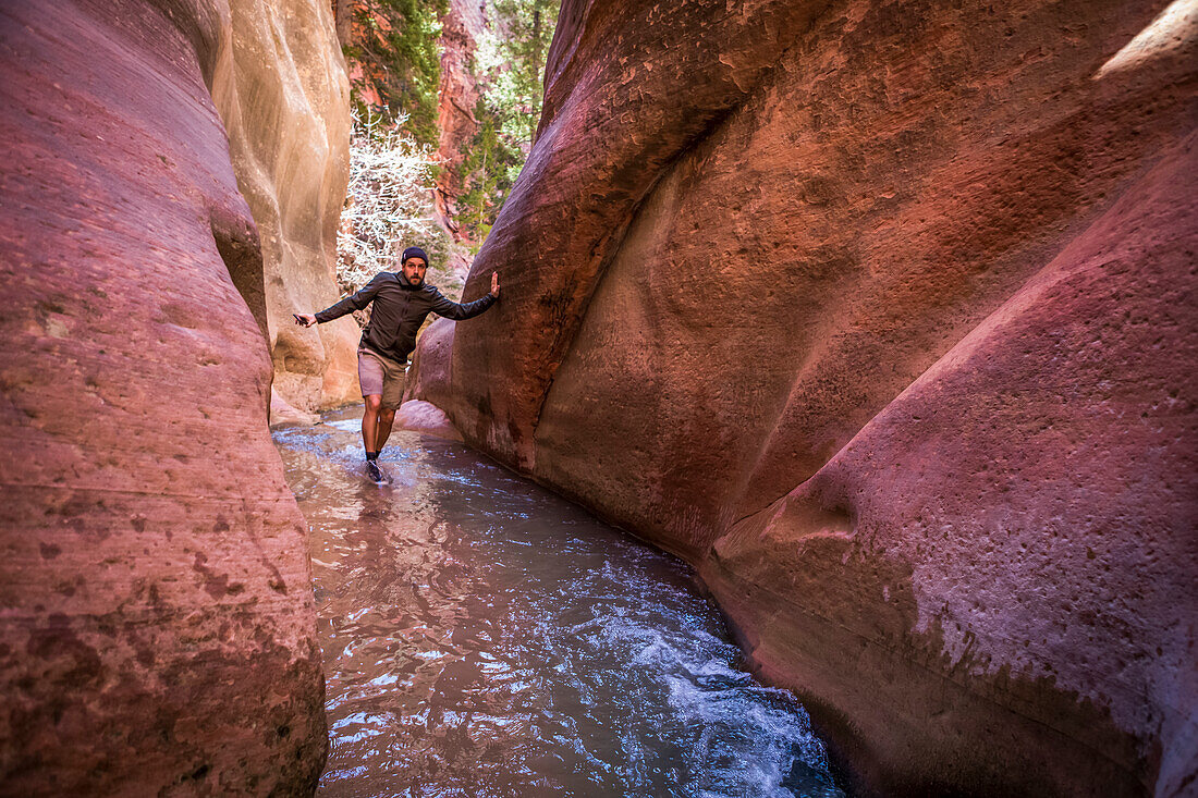 A unique hike through the Kanarraville Canyon Falls in Utah requires hiking through streams and climbing waterfalls in the middle of giant red rock canyons; Kanarraville, Utah, United States