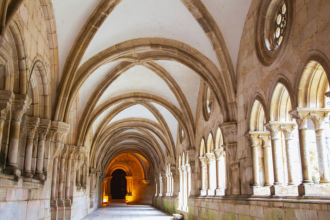 Vaulted cloister at the historic Alcobaca Monastery; Alcobaca, Oeste Region, Central Portugal