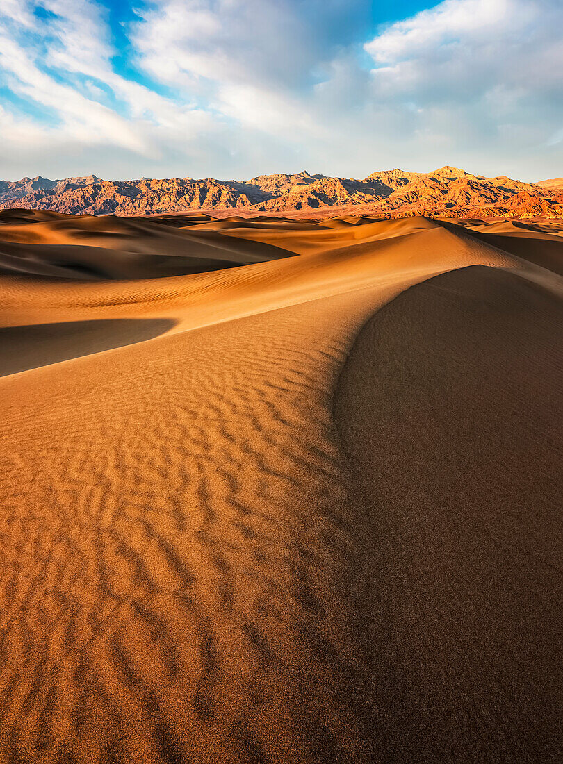 Late day light over the Mesquite Sand dunes of Death Valley National Park; California, United States of America