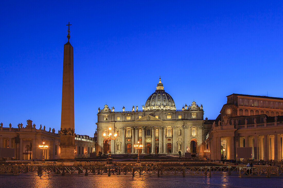 St Peter's Basilica in St Peter's Square at night in Vatican City; Rome, Lazio, Italy