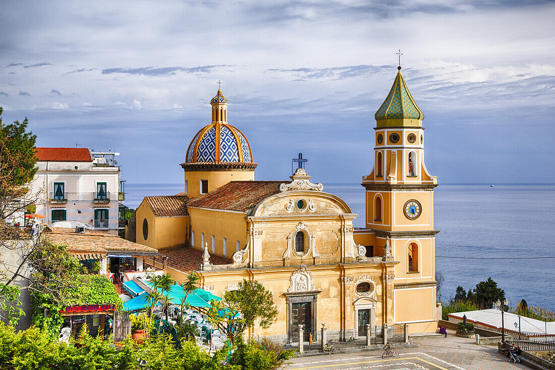 The baroque Church of San Gennaro in Praiano on the cliff of the Amalfi Coast overlooking the Tyrrhenian Sea; Provence of Salerno, Campania, Italy