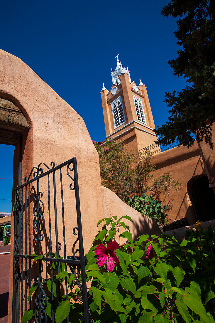 Church of San Felipe de Neri, historic Catholic Church located on the north side of the Old Town Plaza; Albuquerque, New Mexico, United States of America