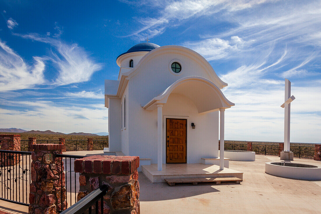 Entrance to the traditional Greek architecture of the hilltop church of The Chapel of the Holy Prophet of Elias at St Anthony's Greek Orthodox Monastery; Florence, Arizona, United States of America