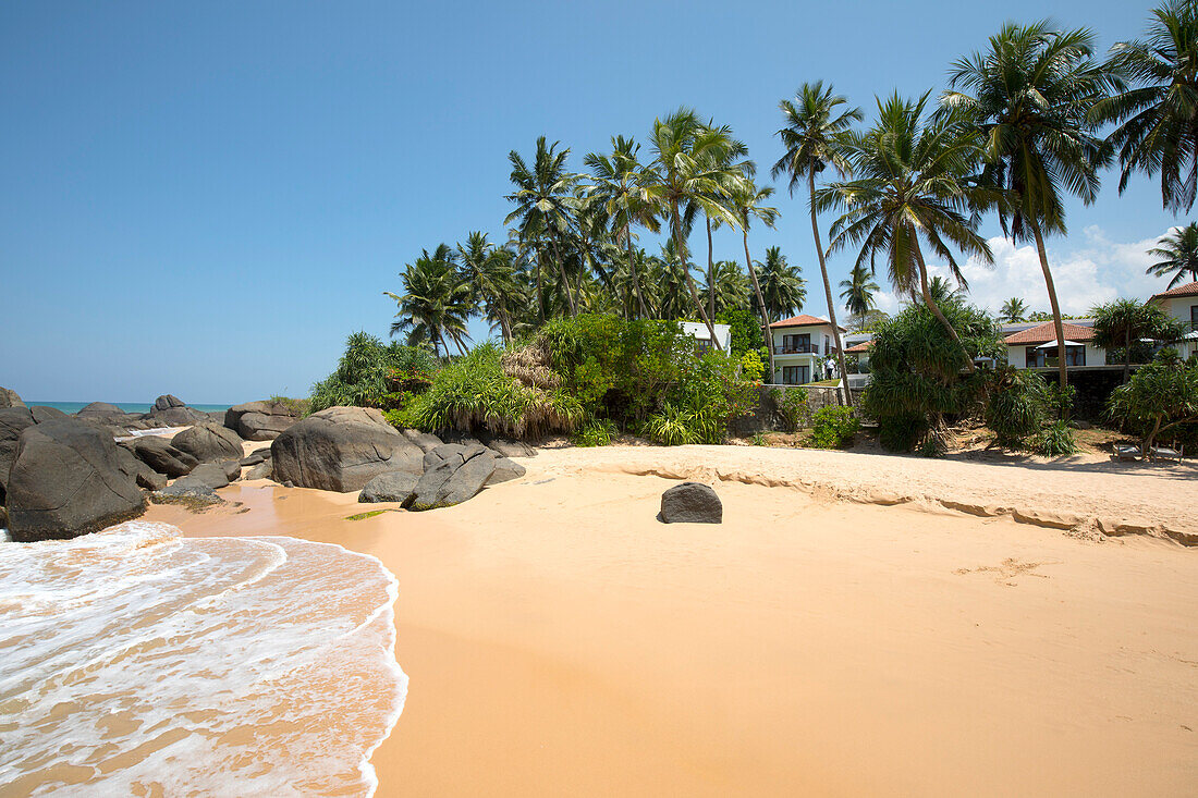 Oceanfront beach at Kuma Beach, Teardrop Boutique Hotel near Balapitiya along the Indian Ocean; Balapitiya, Galle District, Sri Lanka