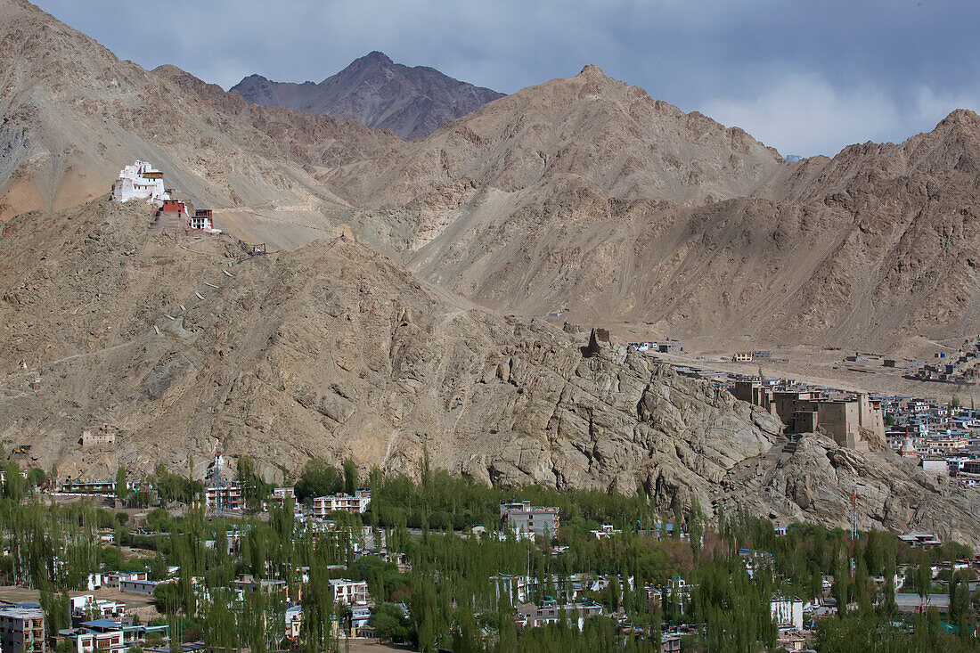 Tsemo Gompa (Namgyal Tsemo Kloster) oberhalb des Leh-Palastes (ehemaliger Königspalast) von Leh im Indus-Tal, mit der Stadt Leh und ihrer grünen Vegetation und den Bäumen unterhalb der kahlen, majestätischen Himalaya-Berge der tibetischen Hochebene in Ladakh, Jammu und Kaschmir; Leh, Ladkah, Indien.