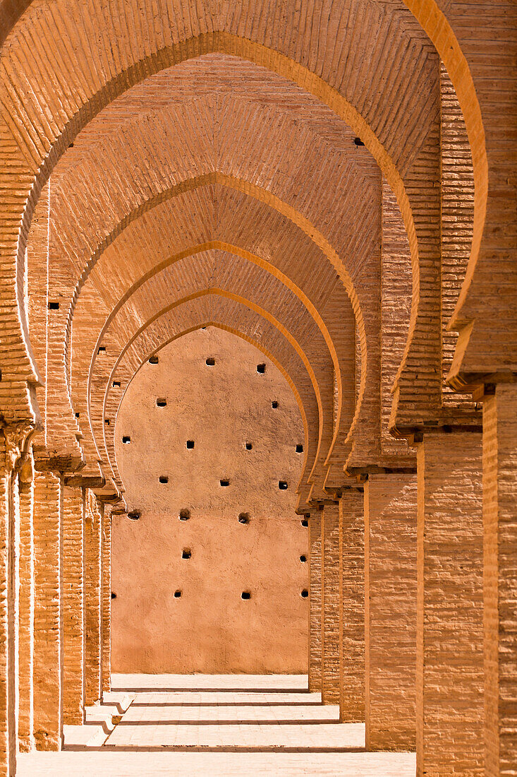 Pointed horseshoe arches of the 12th century Tinmal Almohad Mosque; Tinmal Village, High Atlas Mountains, Morocco