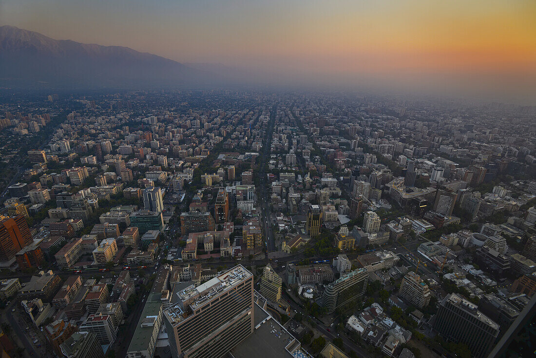 Sunset over Santiago from Costenera Tower; Santiago de Chile, Chile