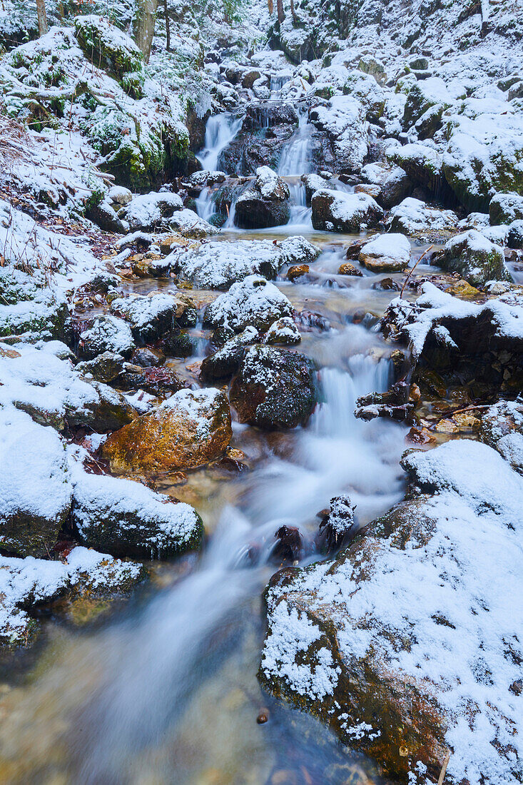 Nahaufnahme eines verschneiten Wasserfalls, der über die Felsen bei Janosikove Diery im Winter fließt; Kleine Fatra (Kleine Fatra), Karpaten, Terchova, Slowakei.