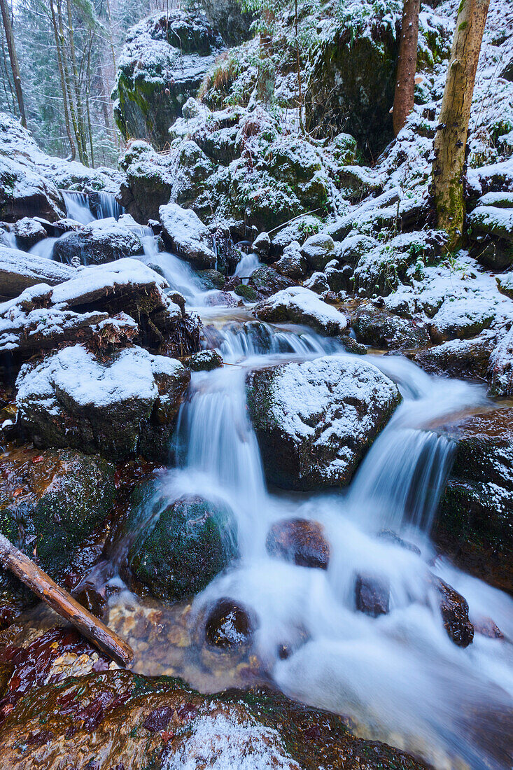 Verschneiter Wasserfall, der über die Felsen durch die Schlucht bei Janosikove Diery im Winter fließt; Kleine Fatra (Kleine Fatra), Karpaten, Terchova, Slowakei