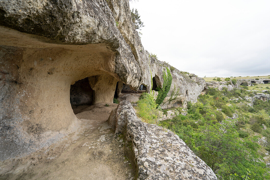 Blick auf Felshöhlen entlang der Wanderwege durch den Fluss Gravina di Matera und den Park bei Matera; Matera, Basilikata, Italien