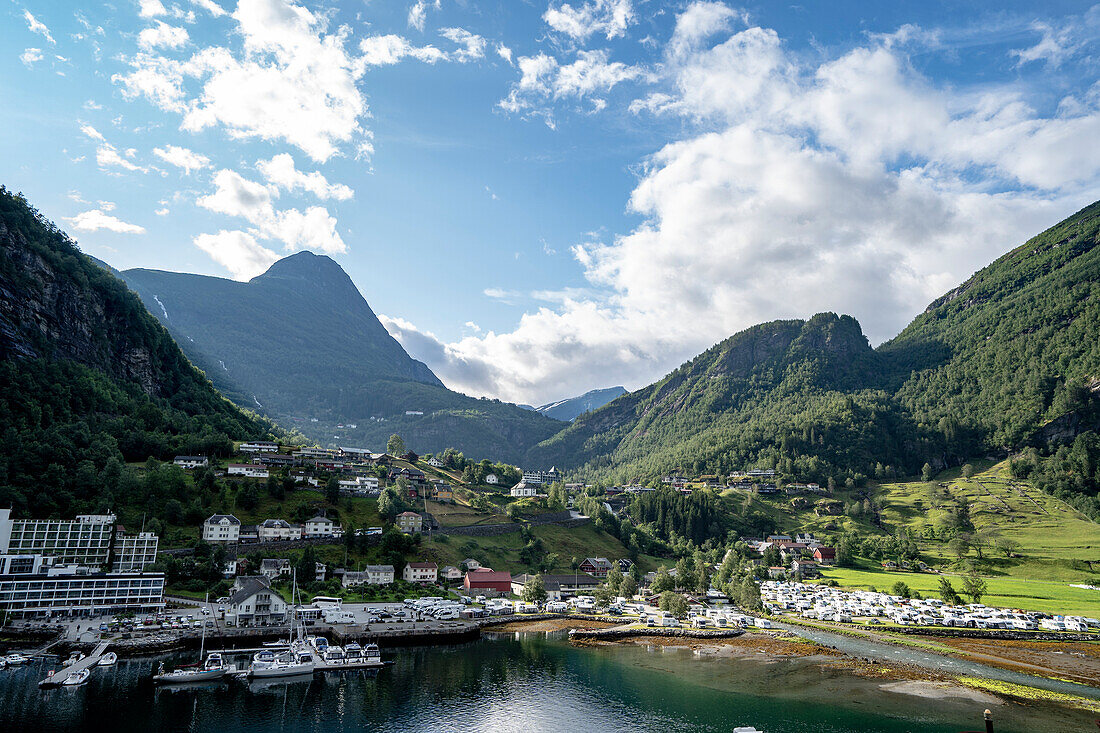 The tourist town of Geiranger at the head of the Geirangerfjord in Sunnmore; Geirangerfjord, Stranda, Norway