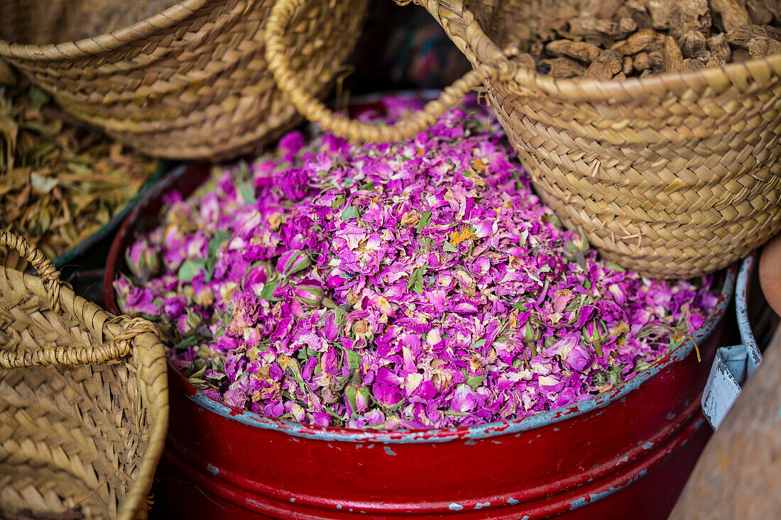 Close-up of metal container with dried rose petals and baskets of spices for sale in the spice souk in the Medina of Marrakesh; Marrakesh, Marrakesh-Safi, Morocco