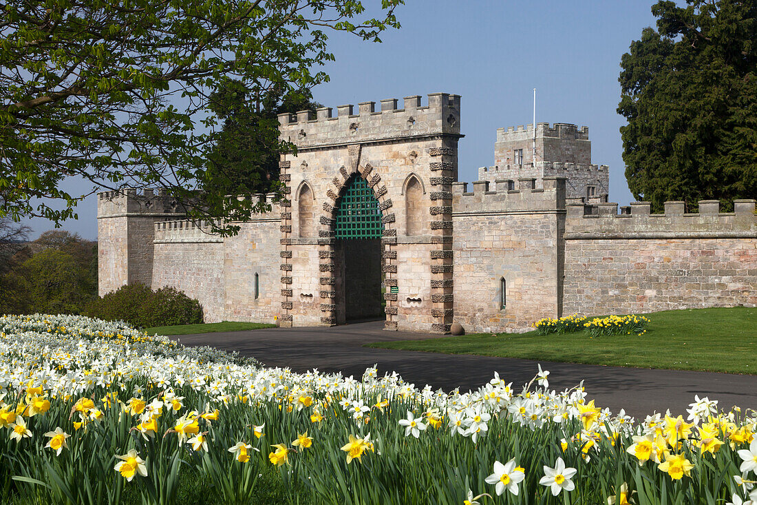 Blumen und Eingangstor vor Ford Castle; Ford Northumberland England.