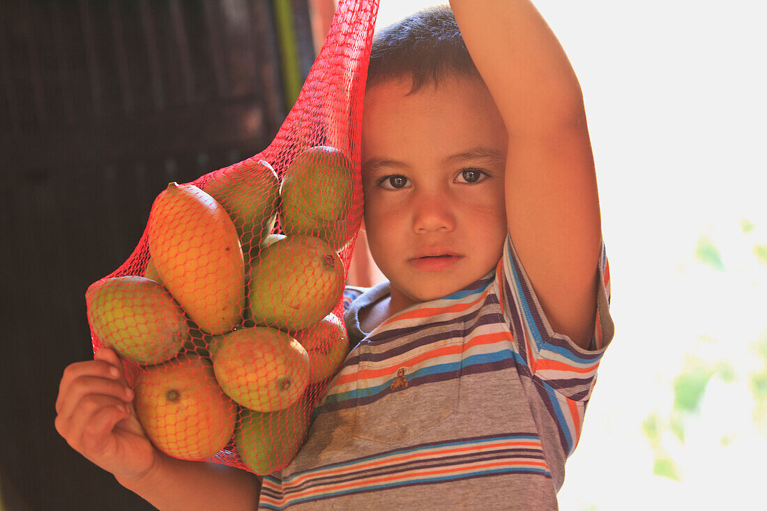 A Boy Holds Fruit In A Mesh Bag At A Roadside Fruit Stand Near Los Cabos Area; San Jose Del Cabo Baja California Sur Mexico