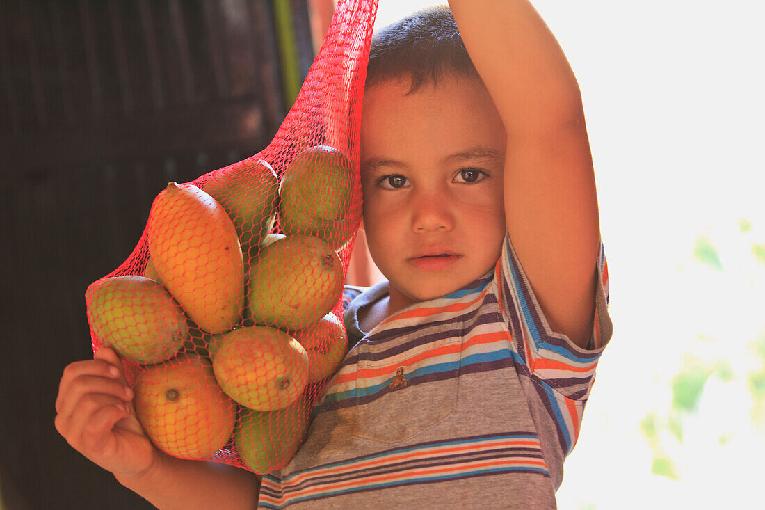 Ein Junge hält Obst in einer Netztasche an einem Obststand am Straßenrand in der Nähe von Los Cabos; San Jose Del Cabo Baja California Sur Mexiko