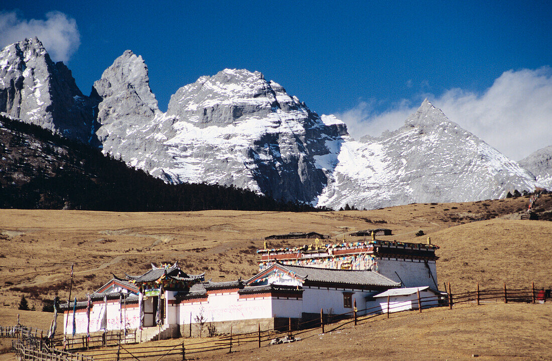 China, Jadedrachen-Schneeberg im Hintergrund; Lijiang, Alter buddhistischer Tempel auf Yak-Wiese