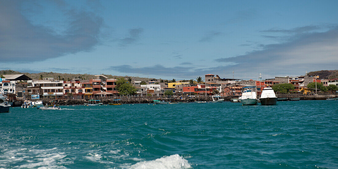 Boote und Gebäude entlang der Küstenlinie; Puerto Baquerizo Moreno San Cristobal Insel Galapagos Equador