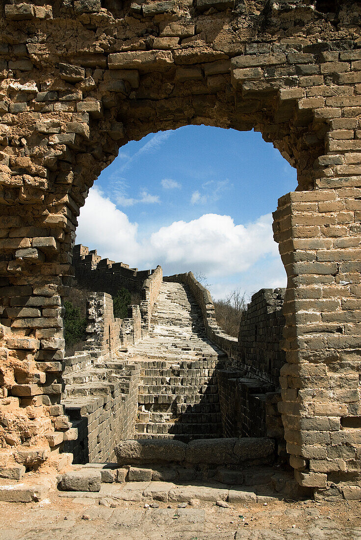 China, Jinshanling, The Great Wall Of China, View Of Stairs Ascending From Brick Arch Along Wall.