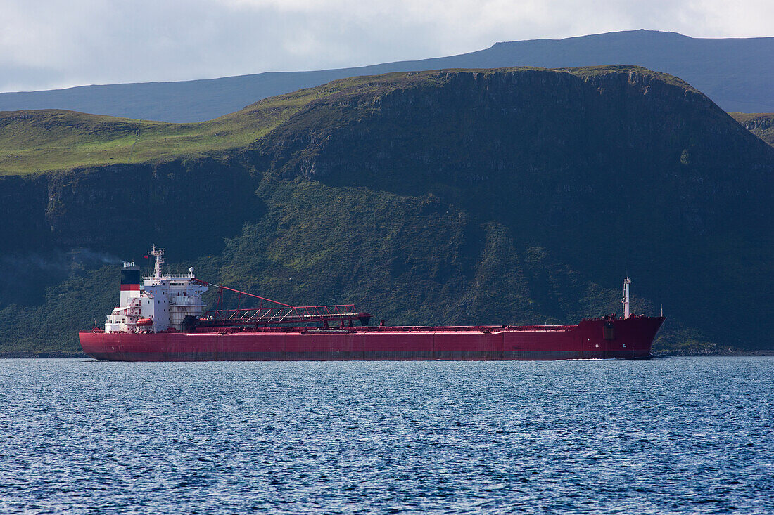 A Ship Sailing Along The Coastline; Sound Of Mull Scotland