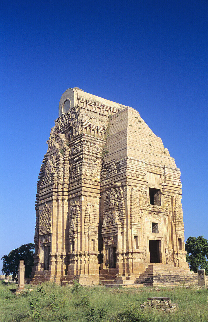 Steinstruktur zwischen Gras in der Nähe des Gwalior Forts im Teli Ka Mandir Tempel; Indien