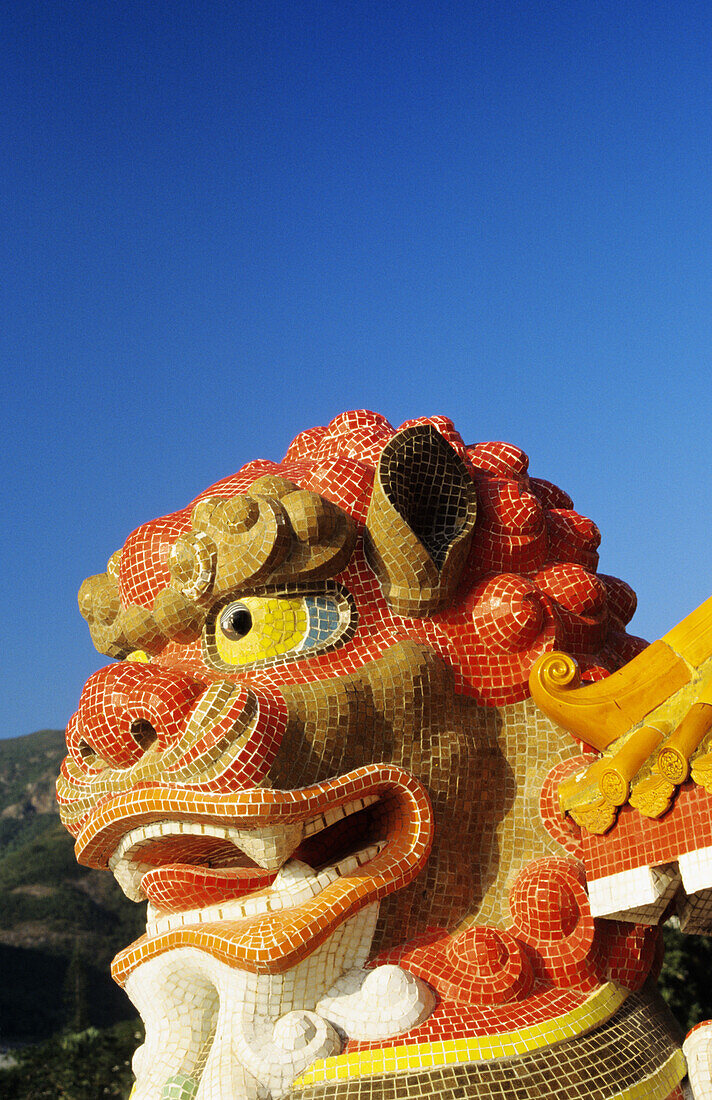 Hong Kong, Refuse Bay, Tin Hua Temple, Closeup Of Colorful Statue