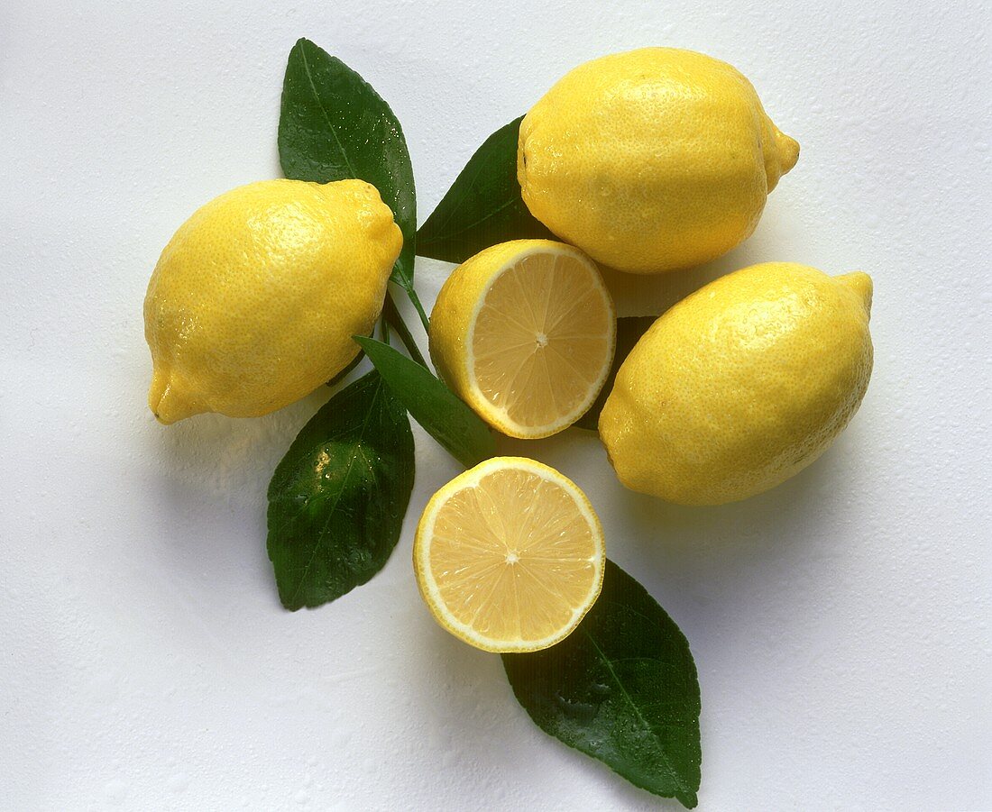 Three whole and one halved lemon on branch