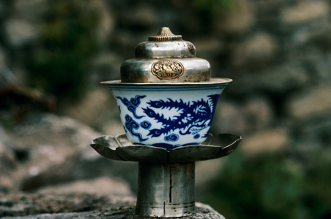 Traded near Tibet Border; Bhutan, Close-up of chinese teacup on pedestal