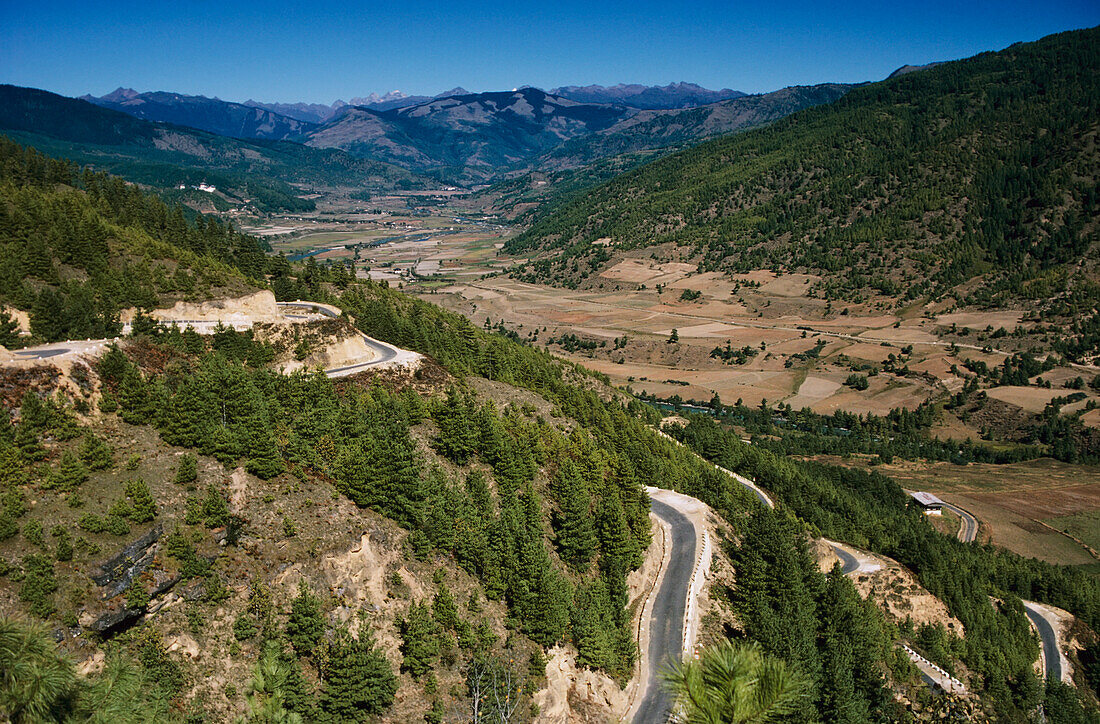 Bhutan, Gewundene Straßen am Berghang in ländlicher Landschaft; Bumthang Tal