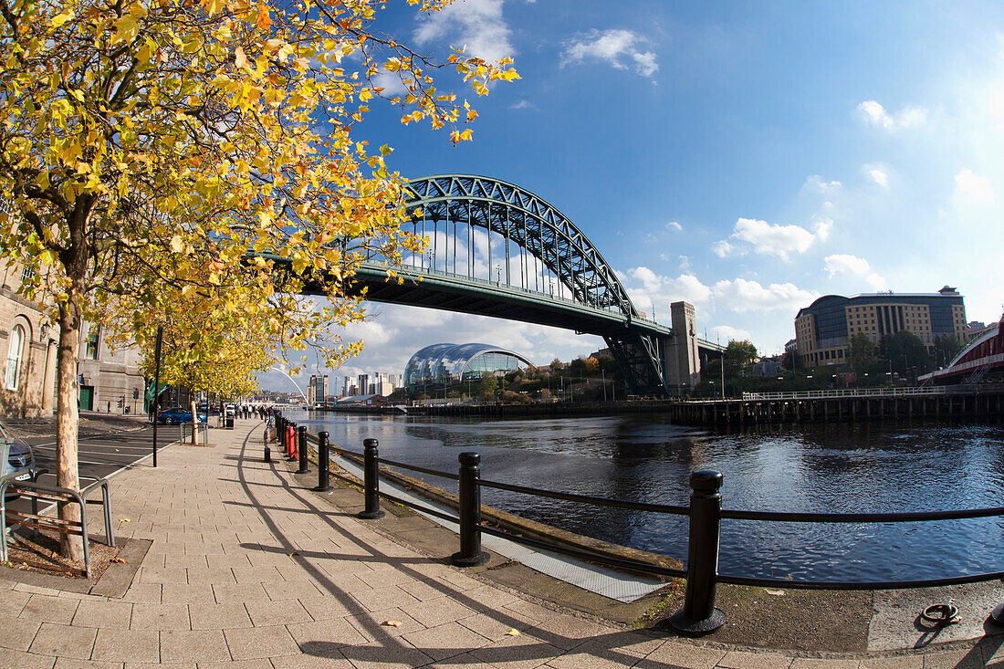 Tyne Bridge And The Promenade Beside River Tyne; Newcastle Northumberland England