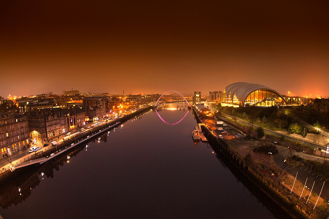 City And River Tyne Illuminated At Night; Newcastle Northumberland England